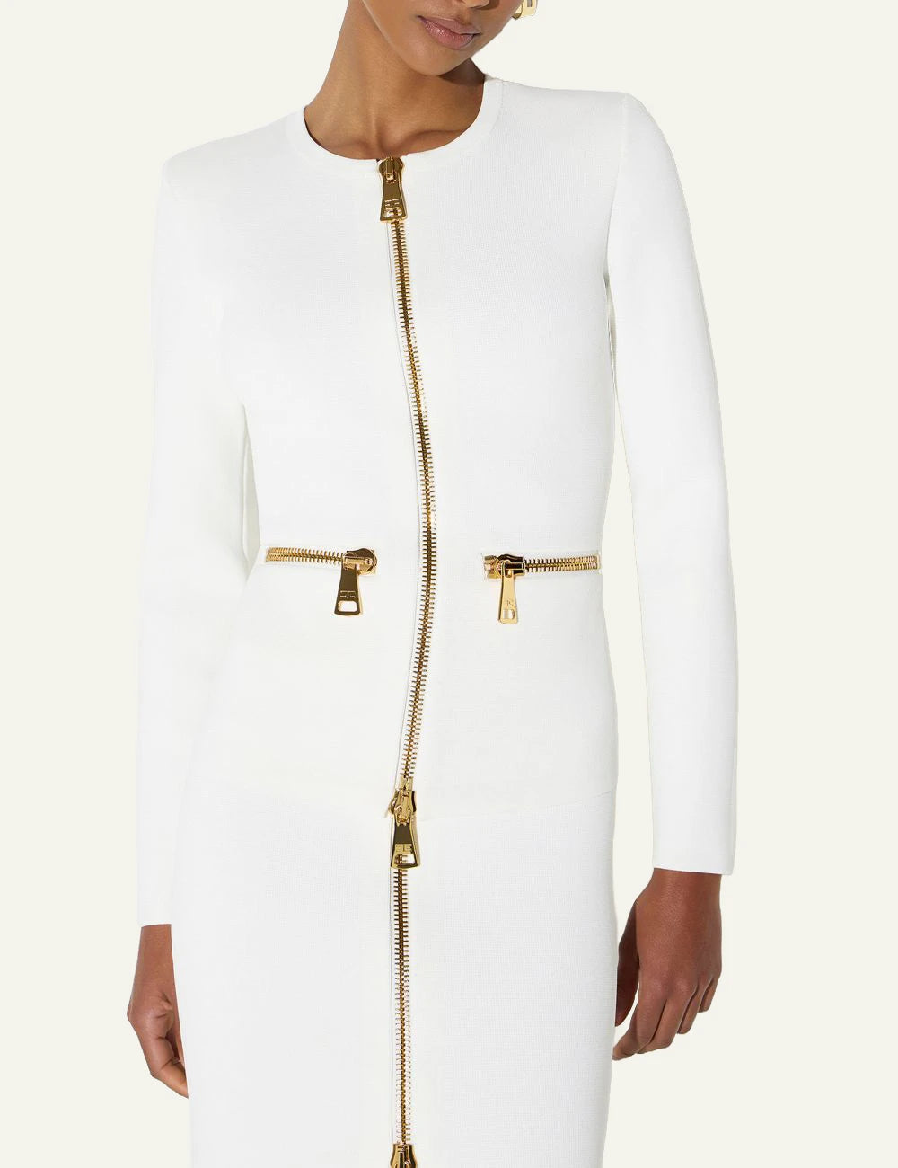 Women's Elisabetta Franchi ivory knit cardigan with gold zip details model