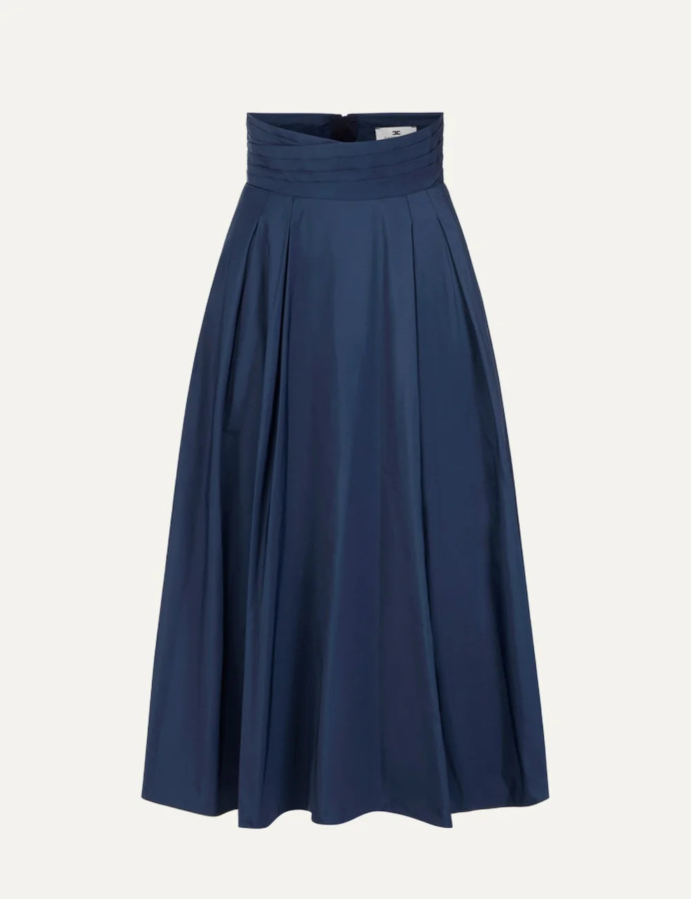 Elisabetta Franchi women's navy blue maxi skirt in taffeta voile with a high waist, crossover pleated waistband and flowing flared silhouette.