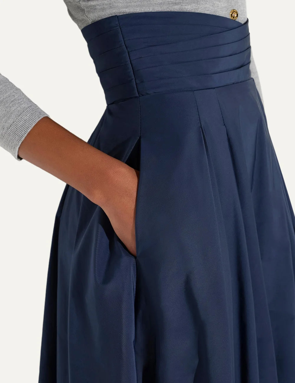 Elisabetta Franchi women's navy blue maxi skirt in taffeta voile with a high waist, crossover pleated waistband and flowing flared silhouette pocket