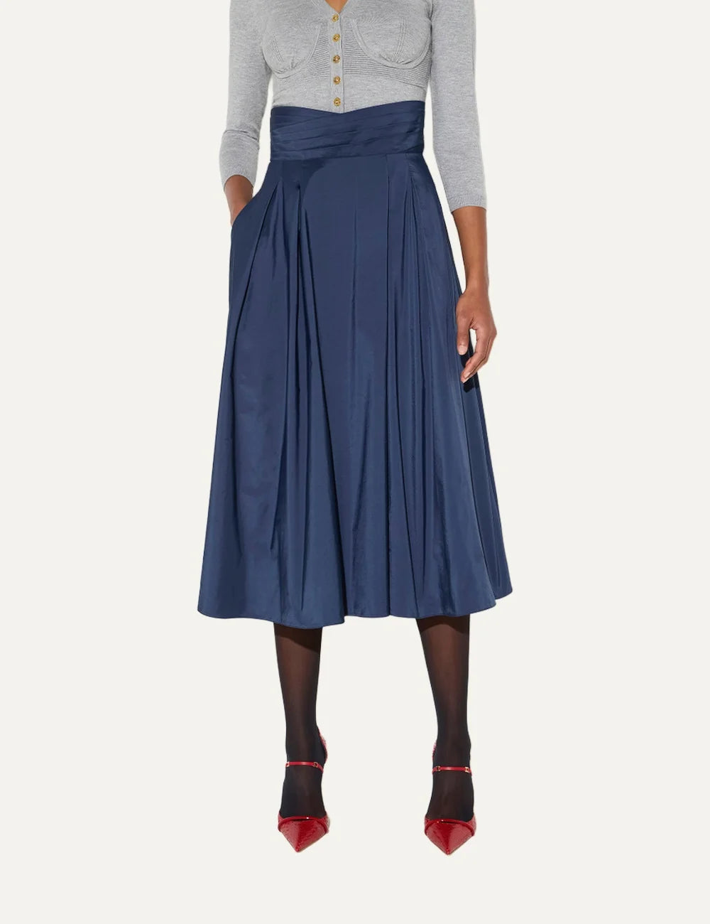 Elisabetta Franchi women's navy blue maxi skirt in taffeta voile with a high waist, crossover pleated waistband and flowing flared silhouette model