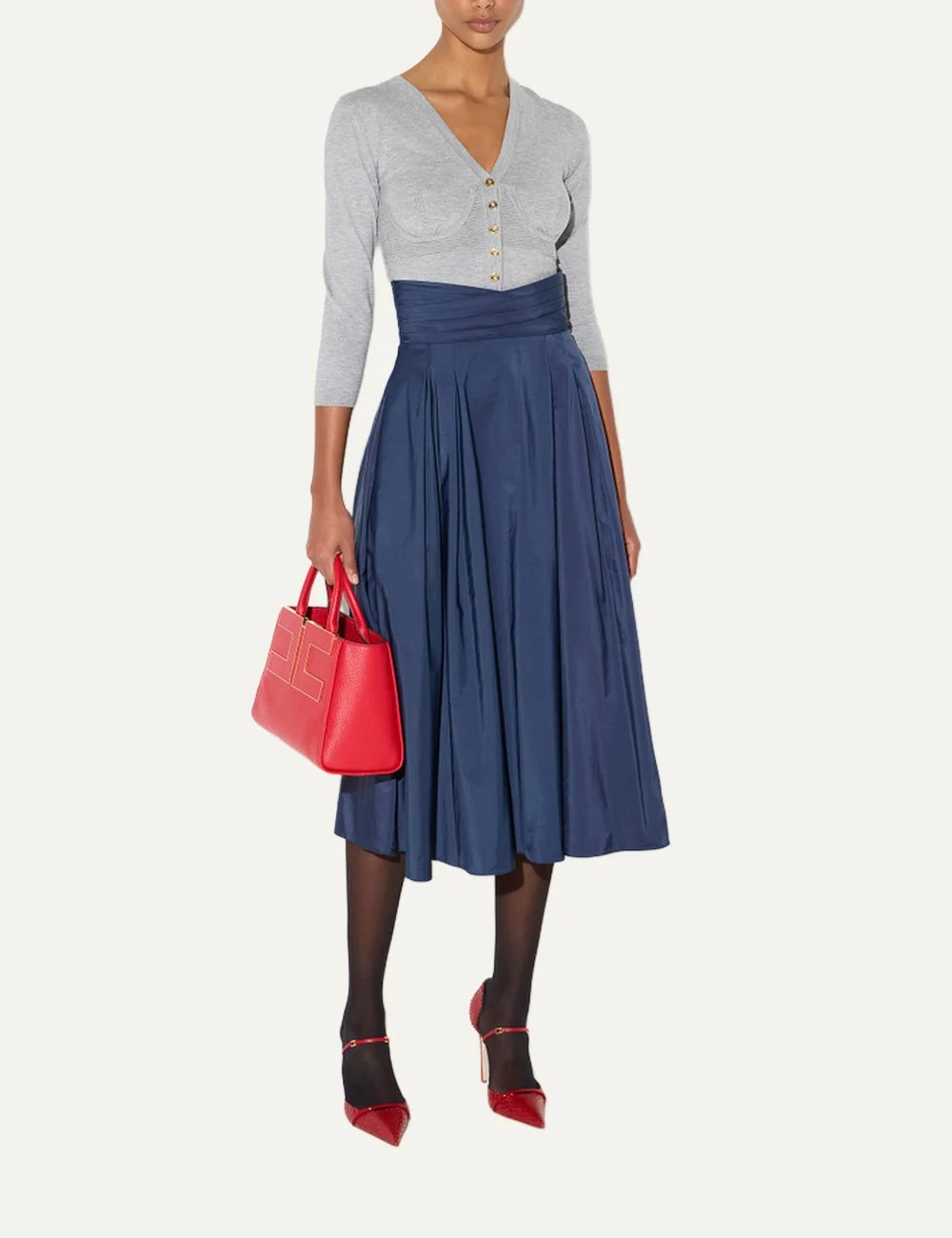 Elisabetta Franchi women's navy blue maxi skirt in taffeta voile with a high waist, crossover pleated waistband and flowing flared silhouette full body