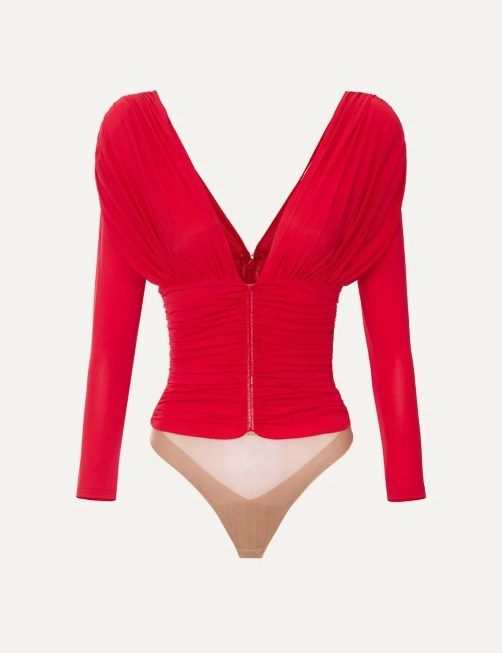 Elisabetta Franchi women's red long-sleeve bodysuit with deep V-neckline, structured draped shoulders, ruched waist and metallic-effect front detail.