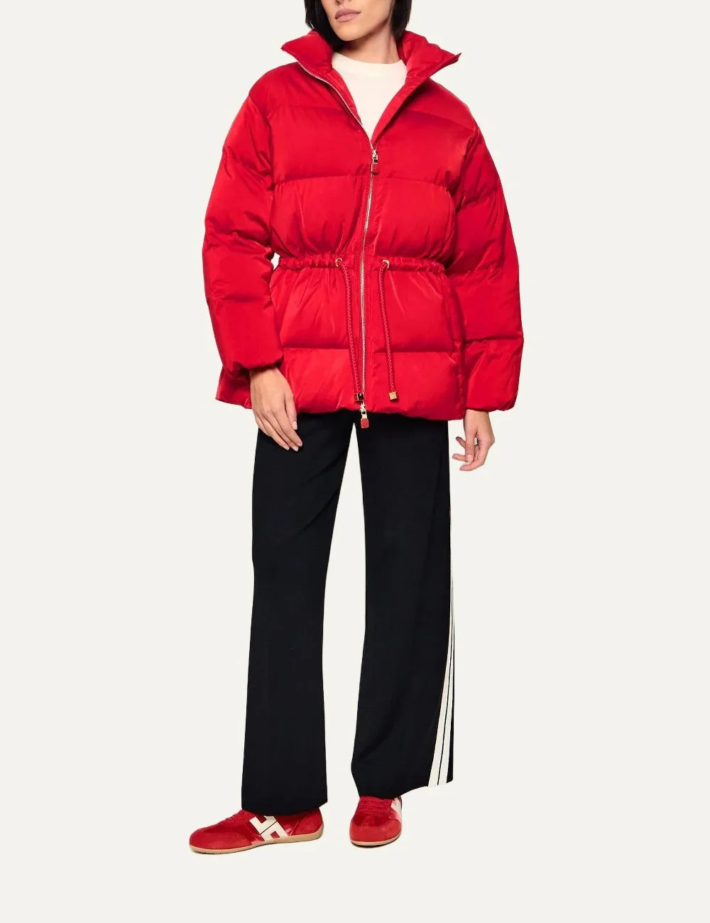 Elisabetta Franchi women's red quilted puffer jacket with a high stand collar, front zipper, long sleeves and adjustable drawstring waist full body