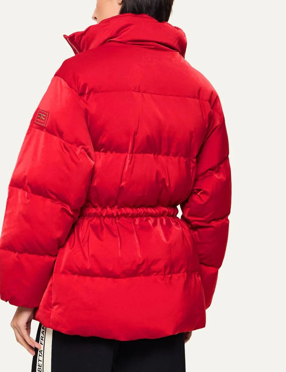 Elisabetta Franchi women's red quilted puffer jacket with a high stand collar, front zipper, long sleeves and adjustable drawstring waist back