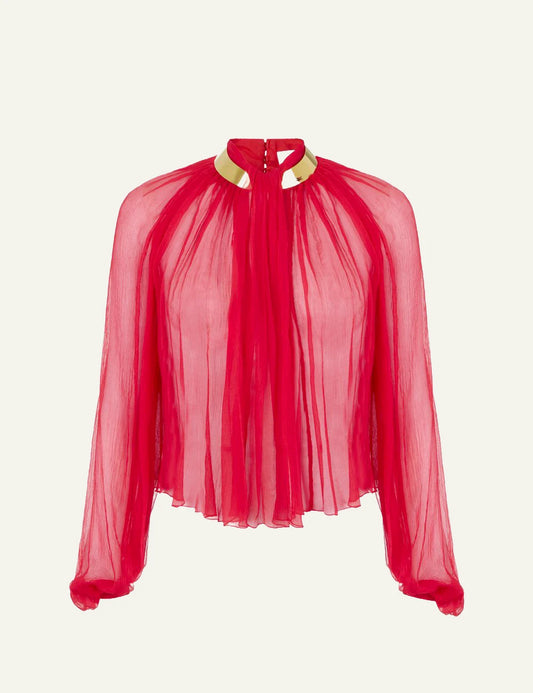 Women's Elisabetta Franchi red sheer crepon blouse with gold collar detail