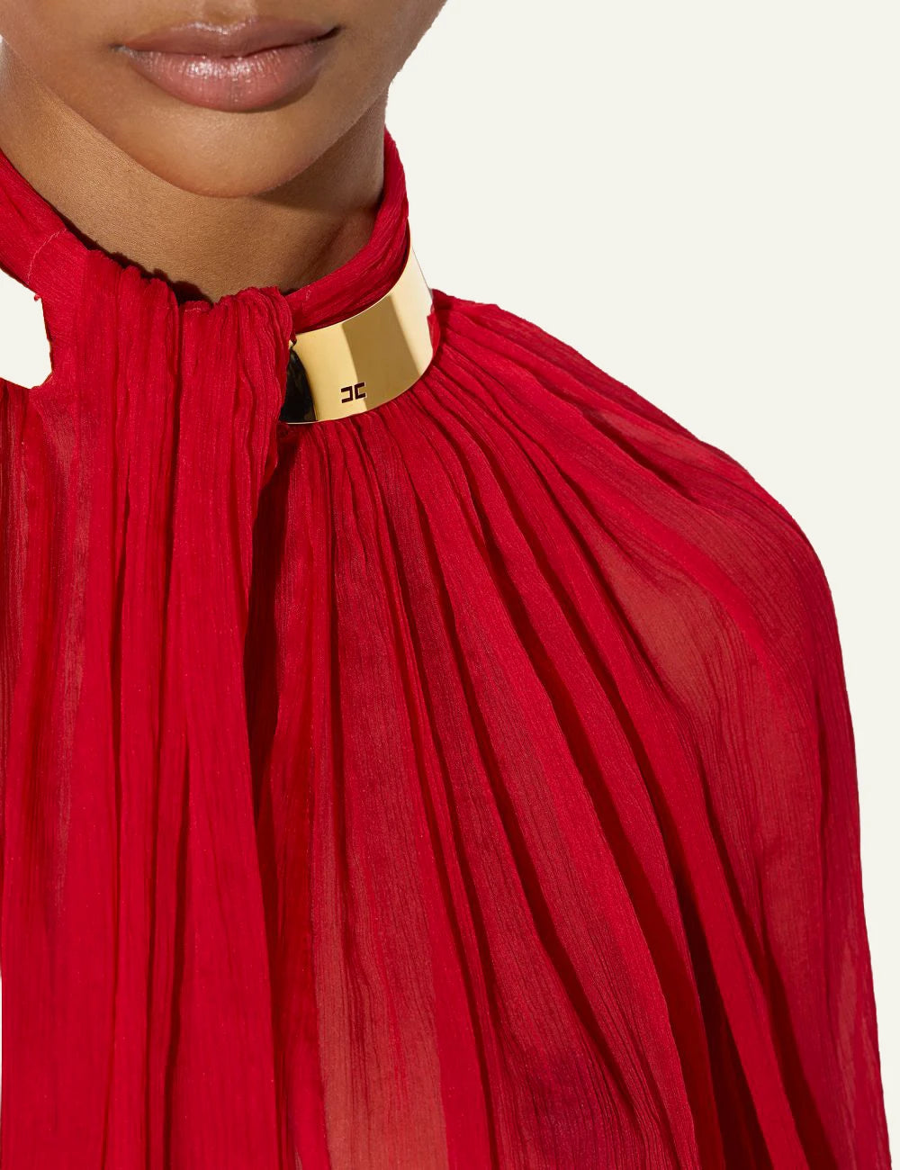 Women's Elisabetta Franchi red sheer crepon blouse with gold collar detail logo