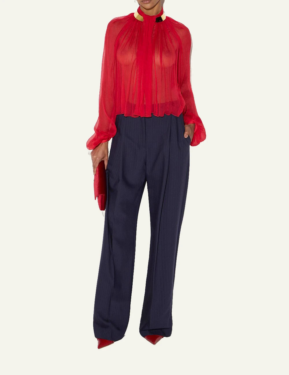 Women's Elisabetta Franchi red sheer crepon blouse with gold collar detail full body