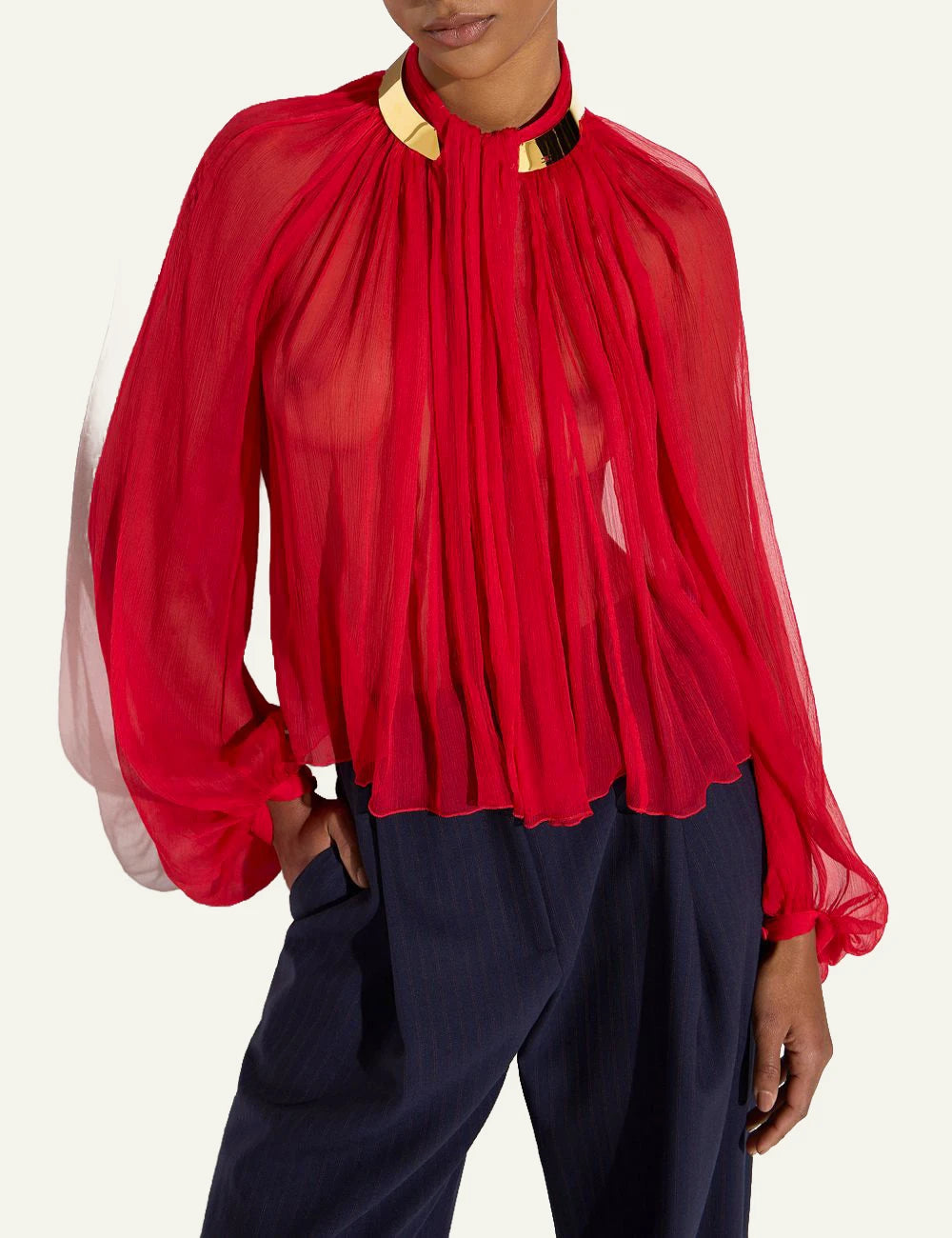 Women's Elisabetta Franchi red sheer crepon blouse with gold collar detail model