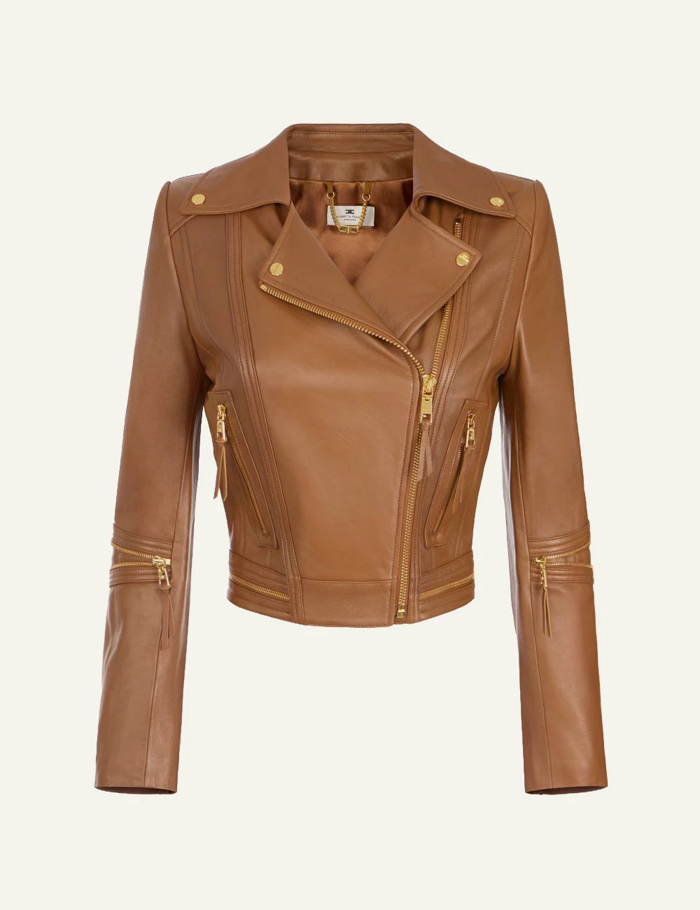 Women's Elisabetta Franchi tan leather biker jacket with gold-tone zips