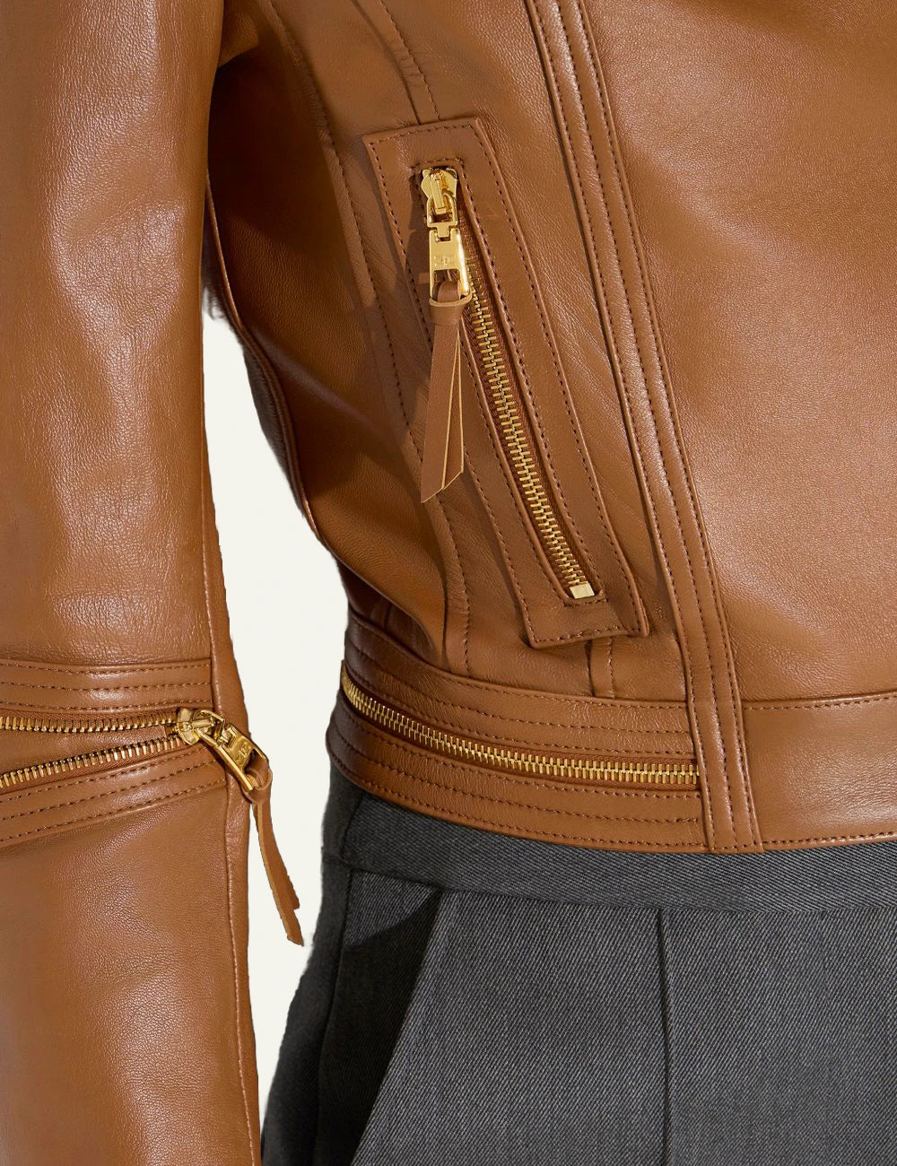 Women's Elisabetta Franchi tan leather biker jacket with gold-tone zips detail