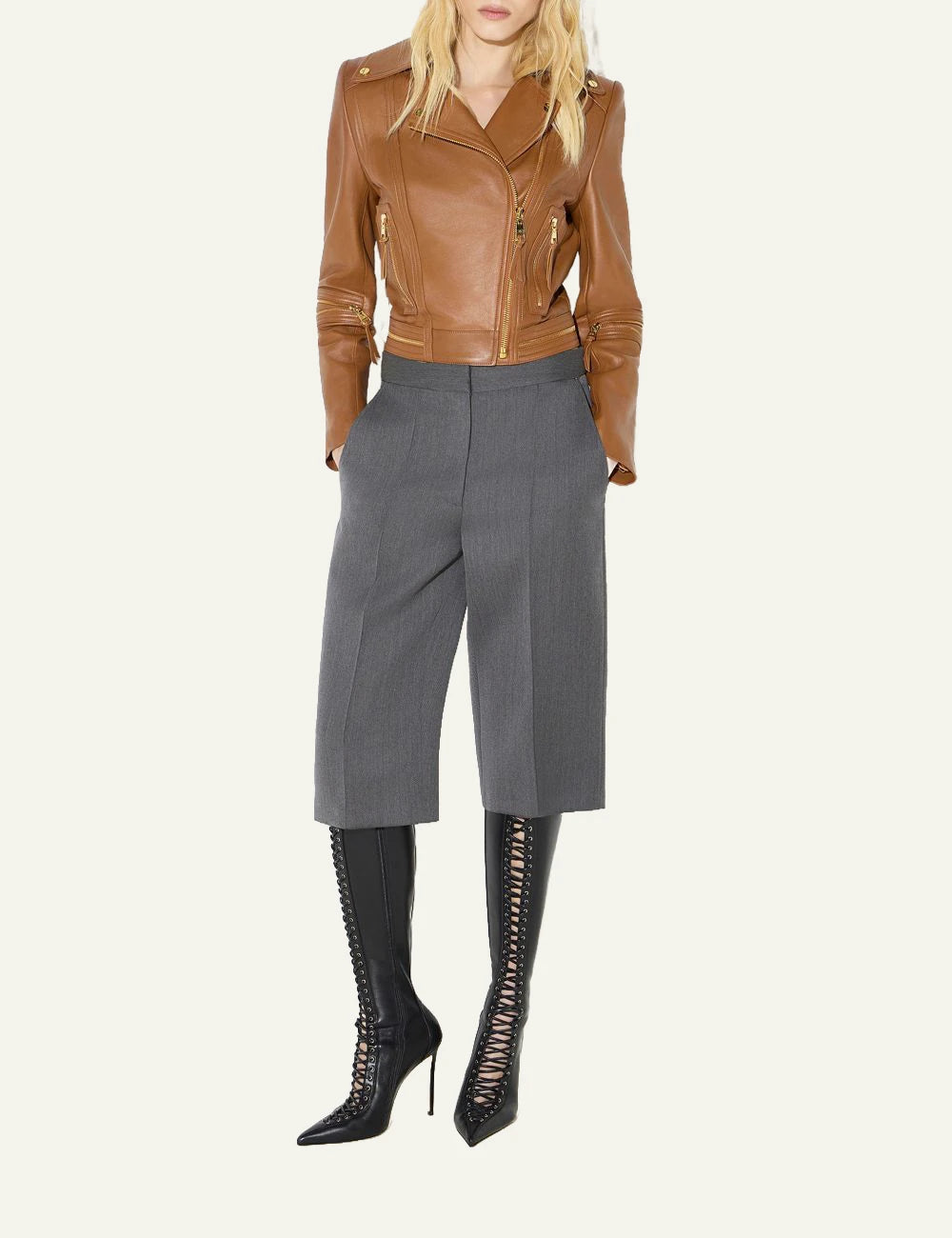 Women's Elisabetta Franchi tan leather biker jacket with gold-tone zips full body