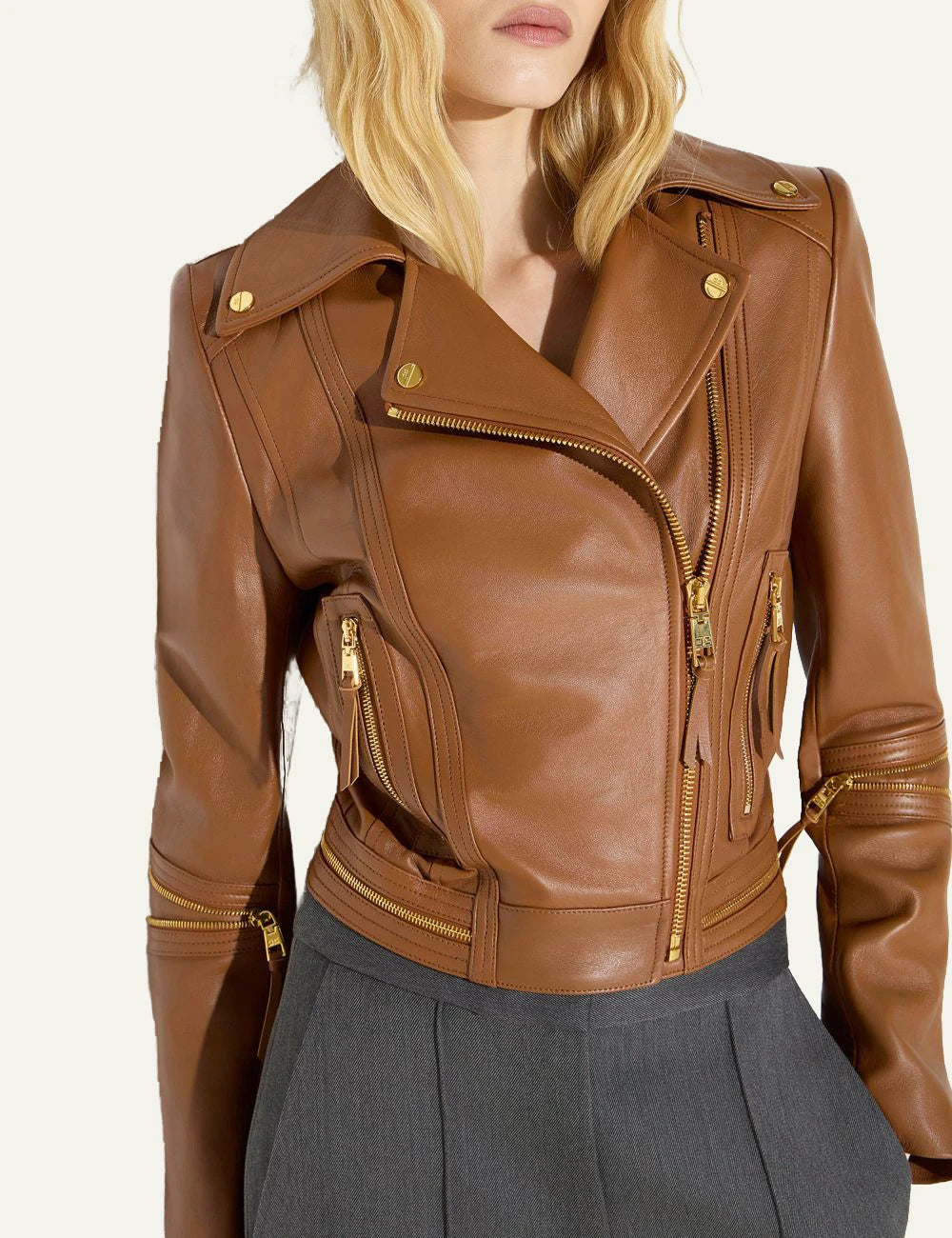 Women's Elisabetta Franchi tan leather biker jacket with gold-tone zips model