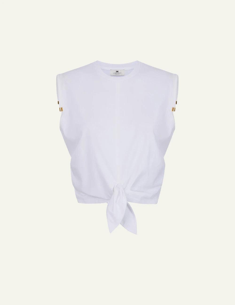 Elisabetta Franchi women's white jersey T-shirt with front knot and gold-tone shoulder details
