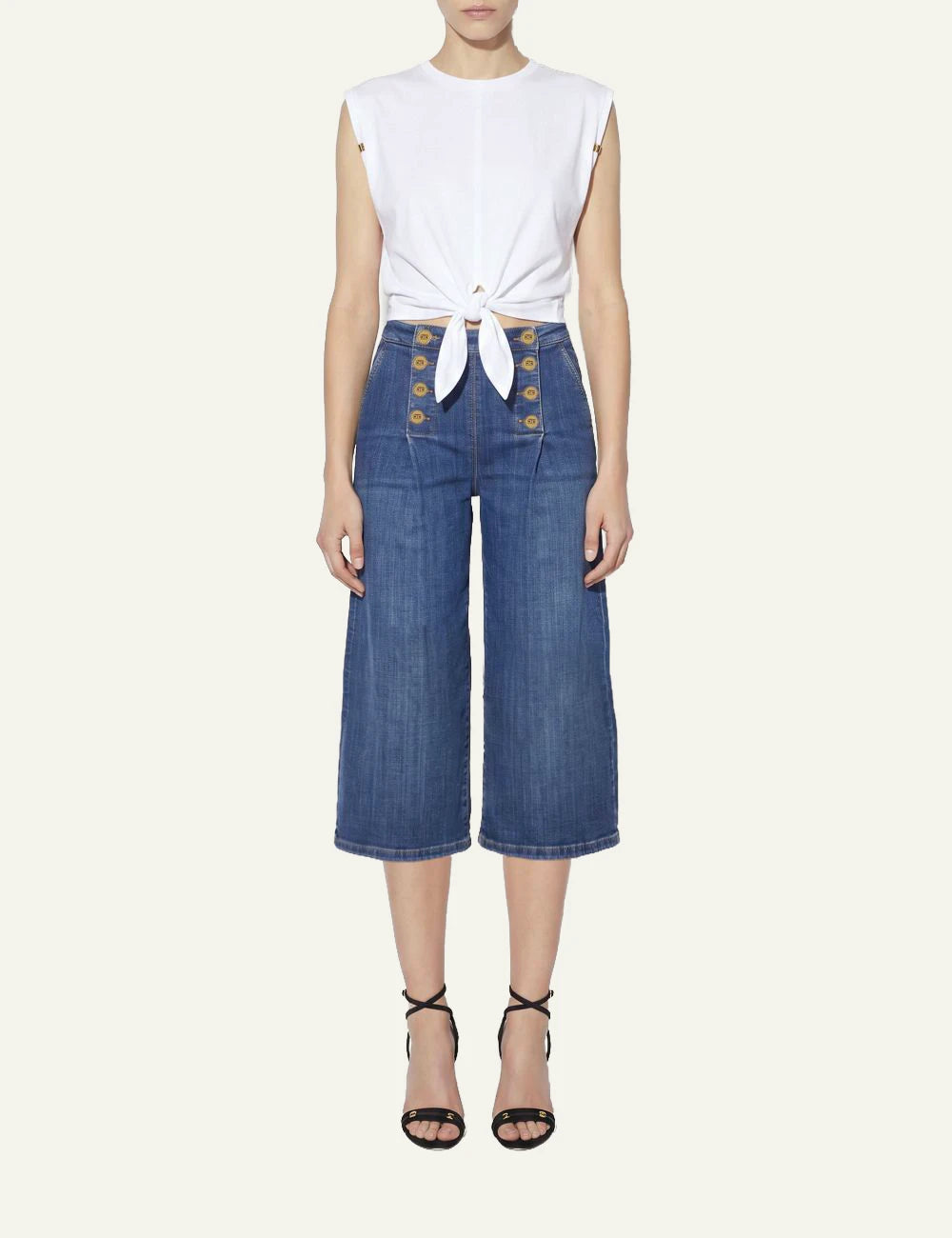 Elisabetta Franchi women's white jersey T-shirt with front knot and gold-tone shoulder details full body