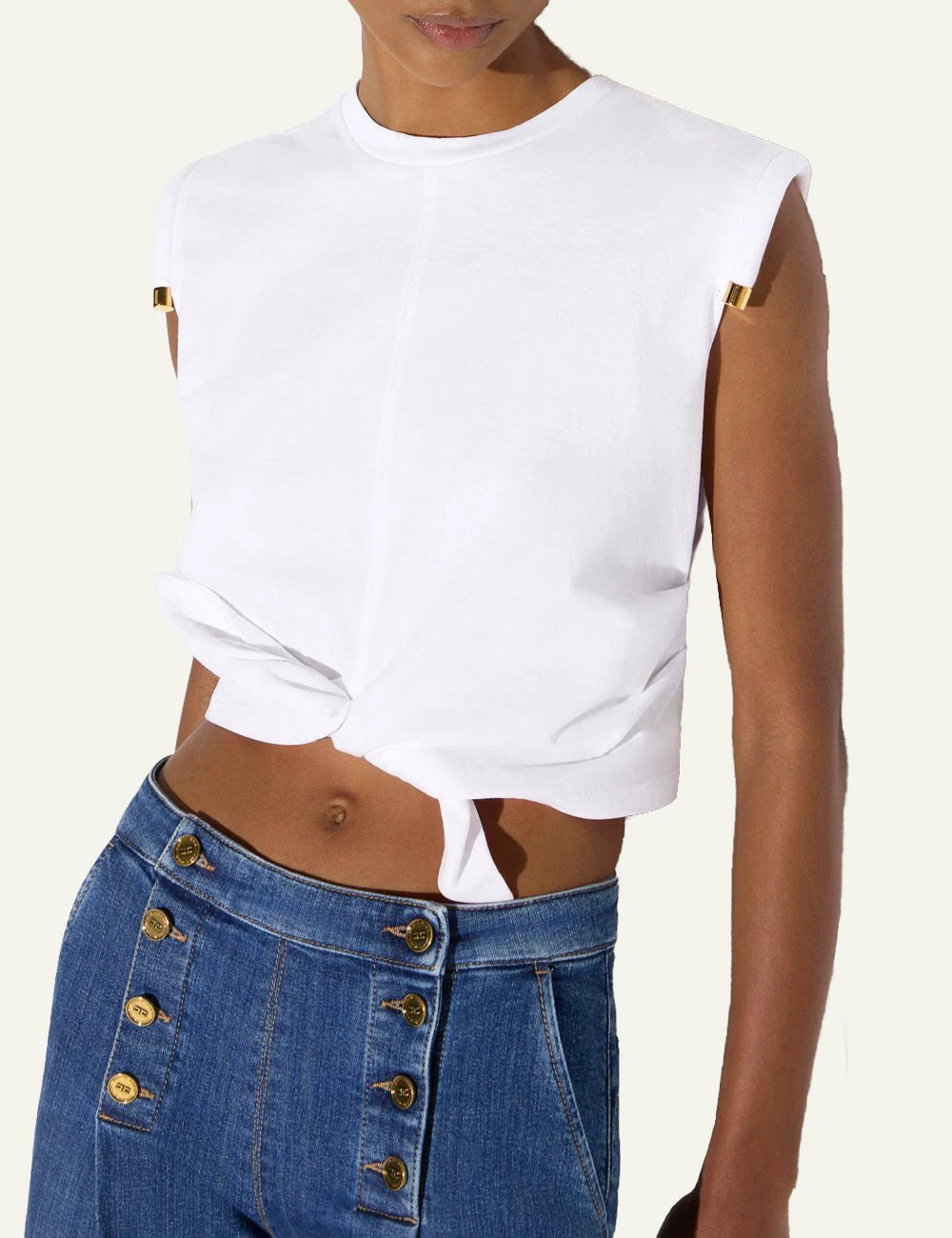 Elisabetta Franchi women's white jersey T-shirt with front knot and gold-tone shoulder details model
