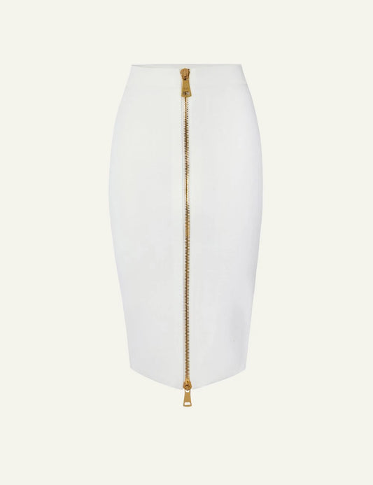 Women's Elisabetta Franchi white knit midi skirt with gold front zip