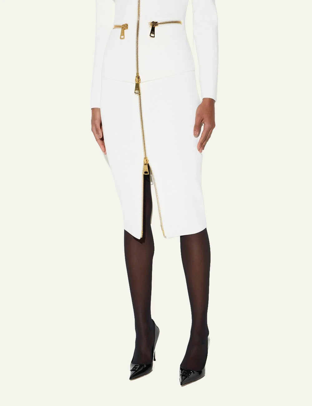 Women's Elisabetta Franchi white knit midi skirt with gold front zip side