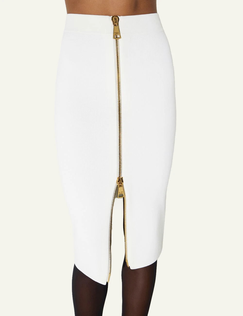 Women's Elisabetta Franchi white knit midi skirt with gold front zip detail