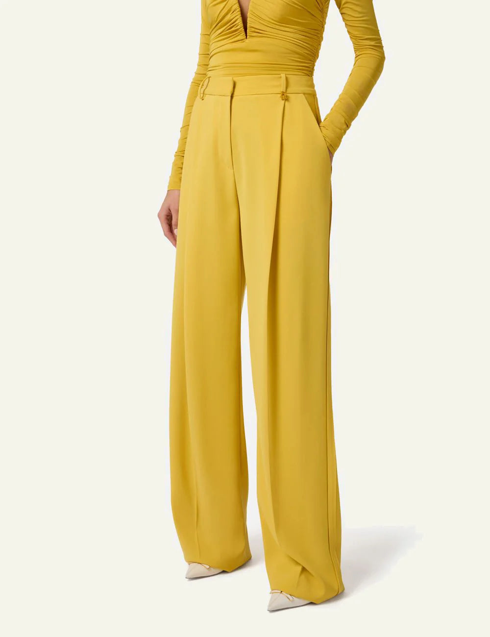 Elisabetta Franchi yellow crepe trousers regular fit front detail view