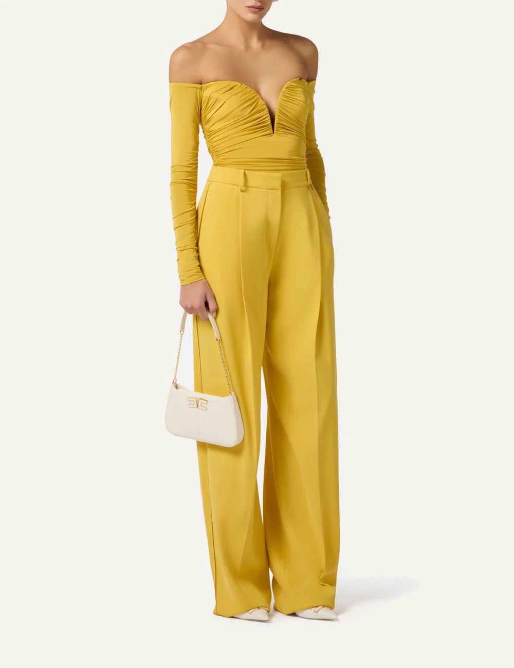 Elisabetta Franchi yellow crepe trousers regular fit front model view