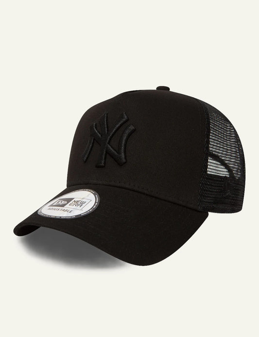 New Era NY Yankees cap black tonal trucker profile view