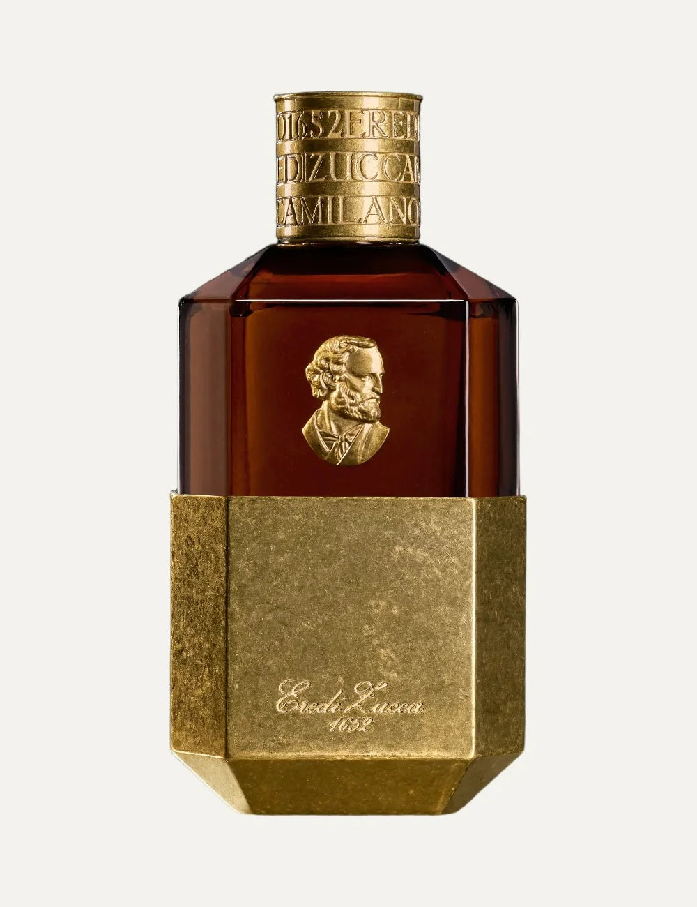Eredi Zucca Cuoio unisex Eau de Parfum 100ml in an amber brown glass bottle with antique gold metallic base, embossed Giuseppe Verdi portrait medallion and engraved gold cap.