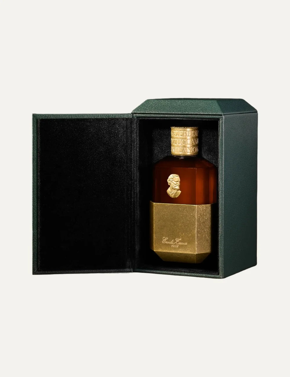 Eredi Zucca Cuoio unisex Eau de Parfum 100ml in an amber brown glass bottle with antique gold metallic base, embossed Giuseppe Verdi portrait medallion and engraved gold cap full