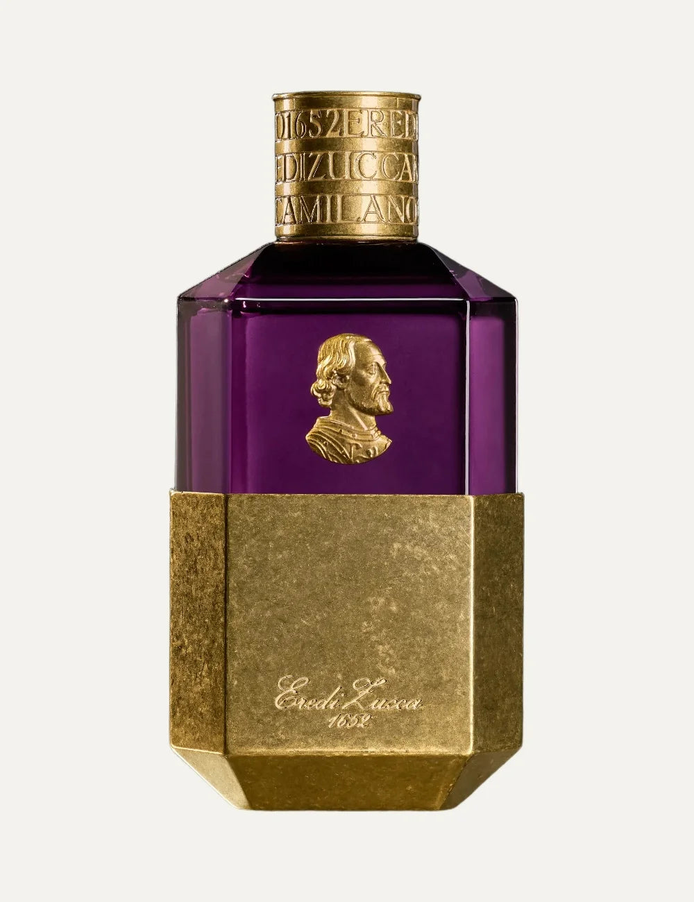 Eredi Zucca Duomo unisex perfume 100ml in a luxurious purple glass bottle with antique gold metallic base, embossed Gian Galeazzo Visconti portrait medallion and engraved gold cap.