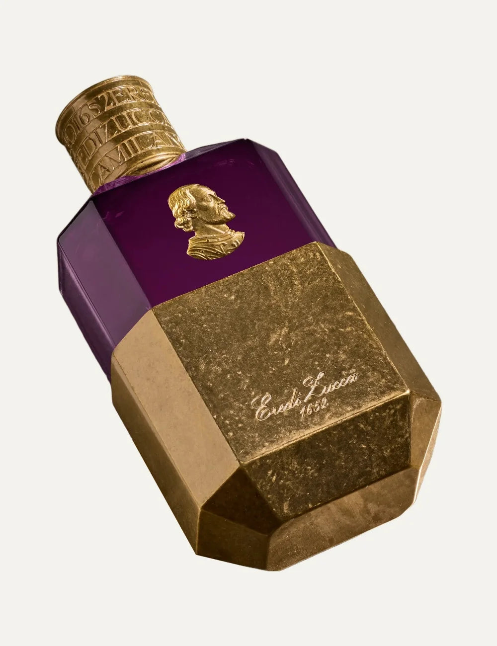 Eredi Zucca Duomo unisex perfume 100ml in a luxurious purple glass bottle with antique gold metallic base, embossed Gian Galeazzo Visconti portrait medallion and engraved gold cap detail