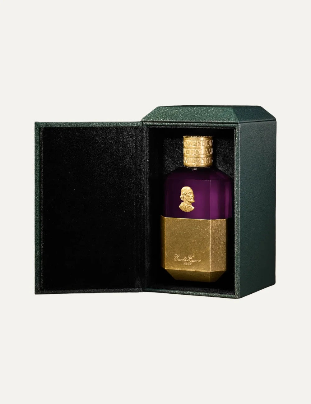 Eredi Zucca Duomo unisex perfume 100ml in a luxurious purple glass bottle with antique gold metallic base, embossed Gian Galeazzo Visconti portrait medallion and engraved gold cap full