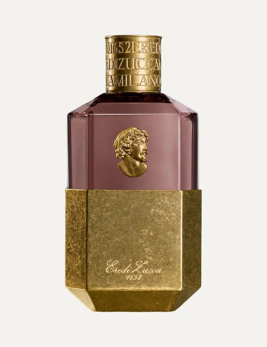 Eredi Zucca Narciso unisex Eau de Parfum 100ml in a rose brown glass bottle with antique gold metallic base, embossed Caravaggio portrait medallion and engraved gold cap.