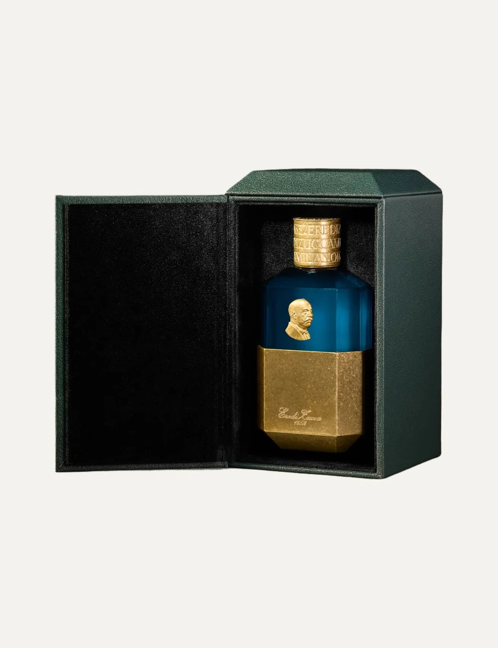 Eredi Zucca unisex Novecento perfume 100ml in a luxurious blue glass bottle with antique gold metallic detailing, embossed portrait medallion and engraved gold cap full