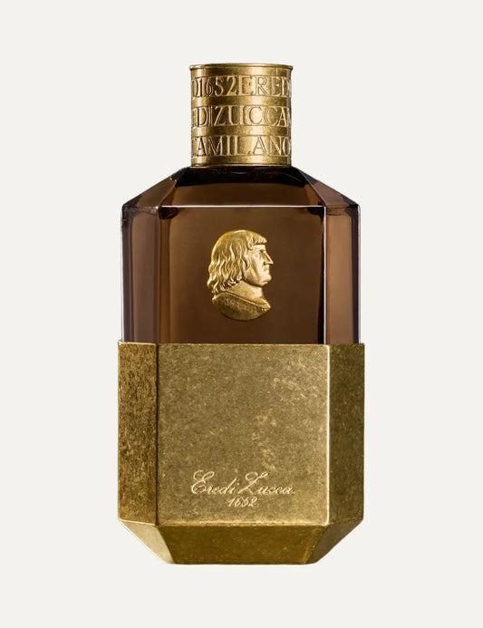Eredi Zucca Tabacco unisex Eau de Parfum 100ml in a brown glass bottle with antique gold base, embossed Ludovico il Moro portrait and engraved gold cap.