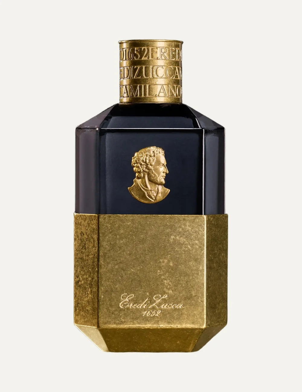 Eredi Zucca Veritas unisex perfume 100ml in a dark smoky glass bottle with antique gold metallic base, embossed Alessandro Manzoni portrait medallion and engraved gold cap.