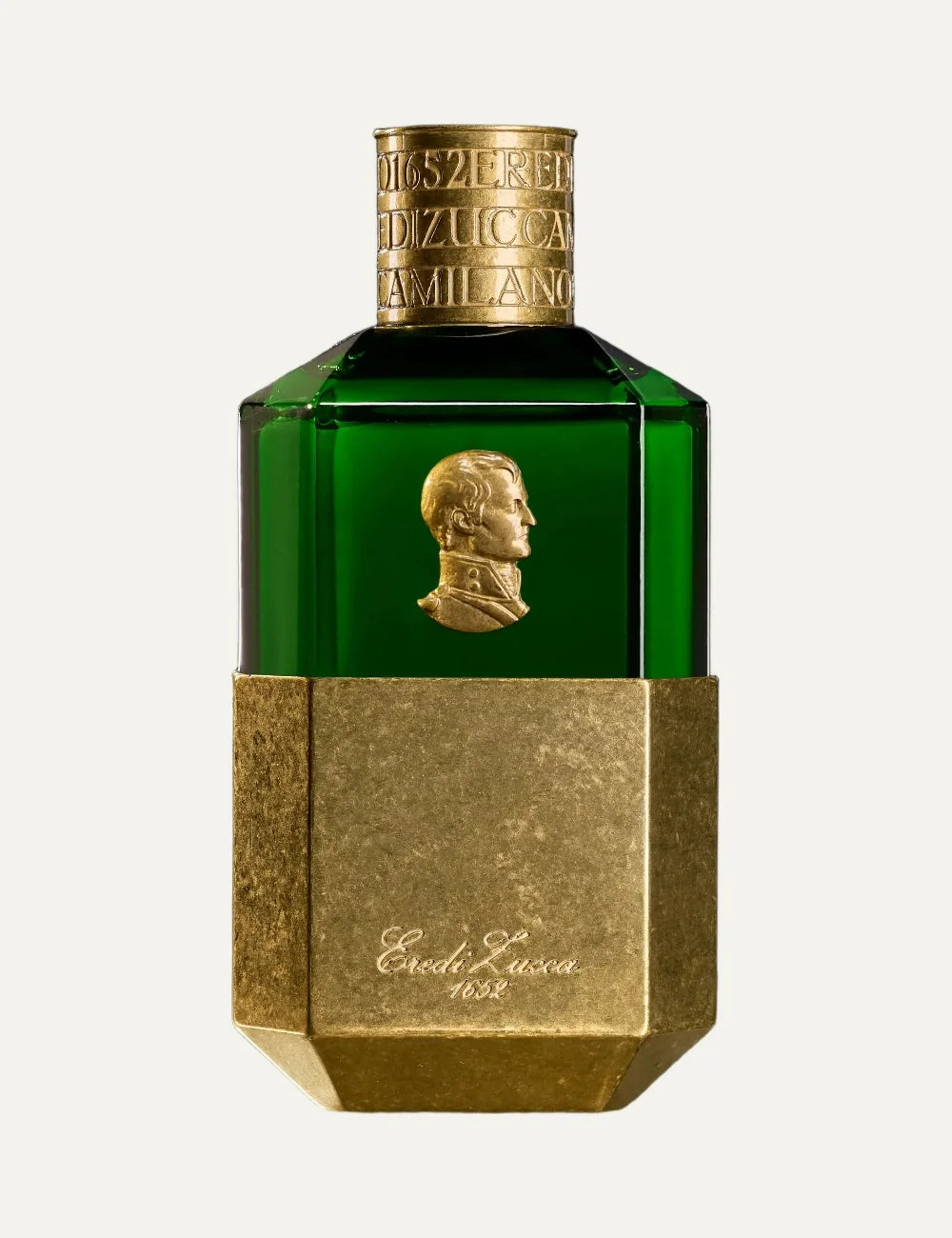 Eredi Zucca Vetivero unisex Eau de Parfum 100ml in a deep green glass bottle with antique gold metallic base, embossed Napoleon Bonaparte portrait medallion and engraved gold cap.