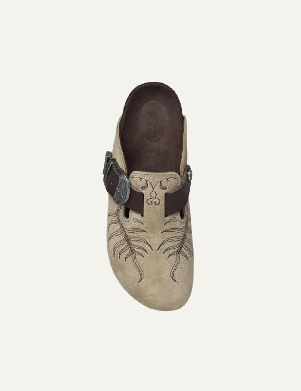 Etro x Birkenstock women's beige suede clogs with embroidery and silver buckle regular fit narrow fit top view