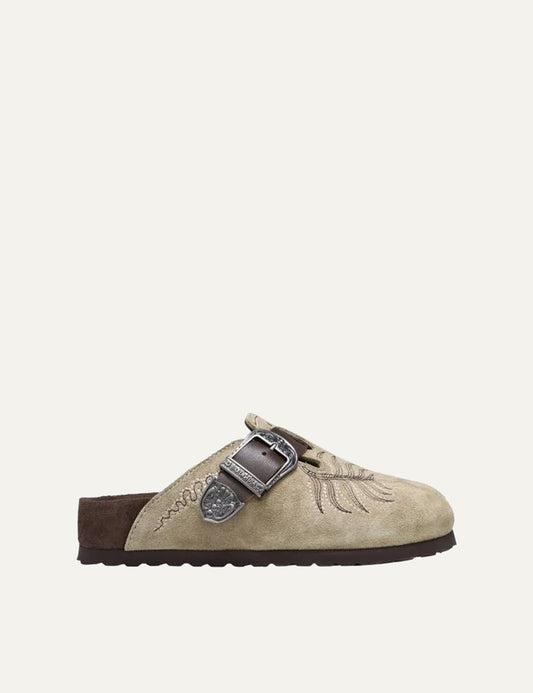 Etro x Birkenstock women's beige suede clogs with embroidery and silver buckle regular fit narrow fit side view