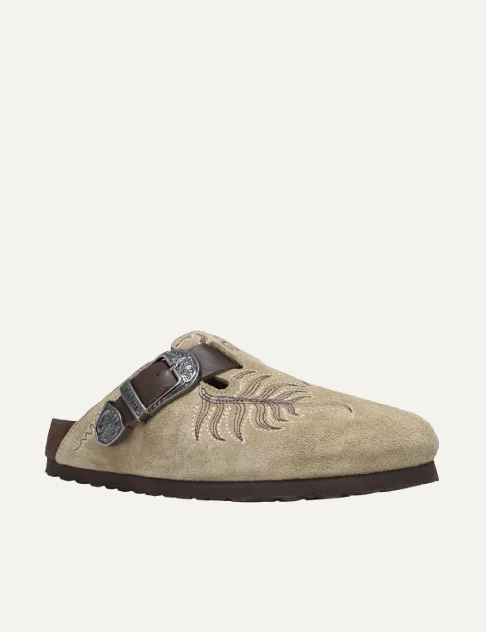 Etro x Birkenstock women's beige suede clogs with embroidery and silver buckle regular fit narrow fit front angle