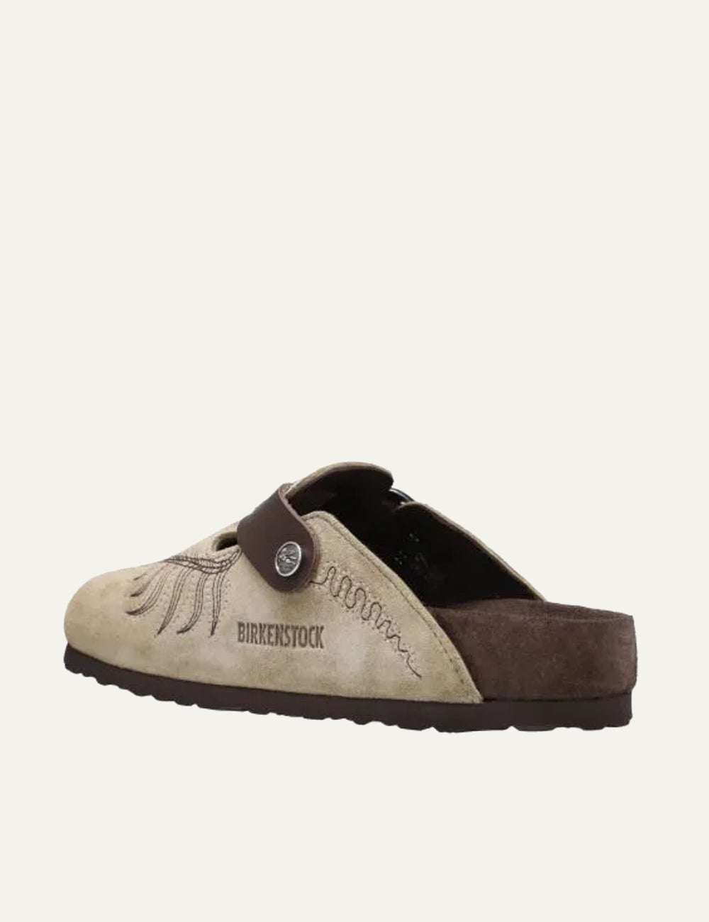 Etro x Birkenstock women's beige suede clogs with embroidery and silver buckle regular fit narrow fit back view details