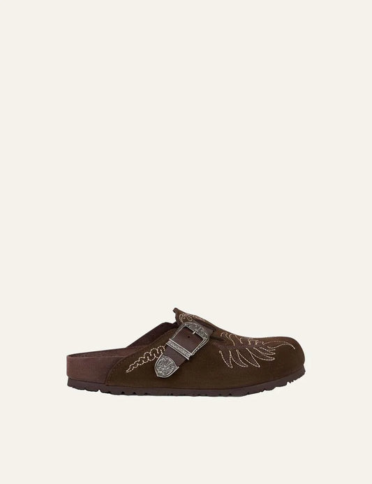 Etro x Birkenstock women's brown suede clogs with embroidery and silver buckle regular fit side view