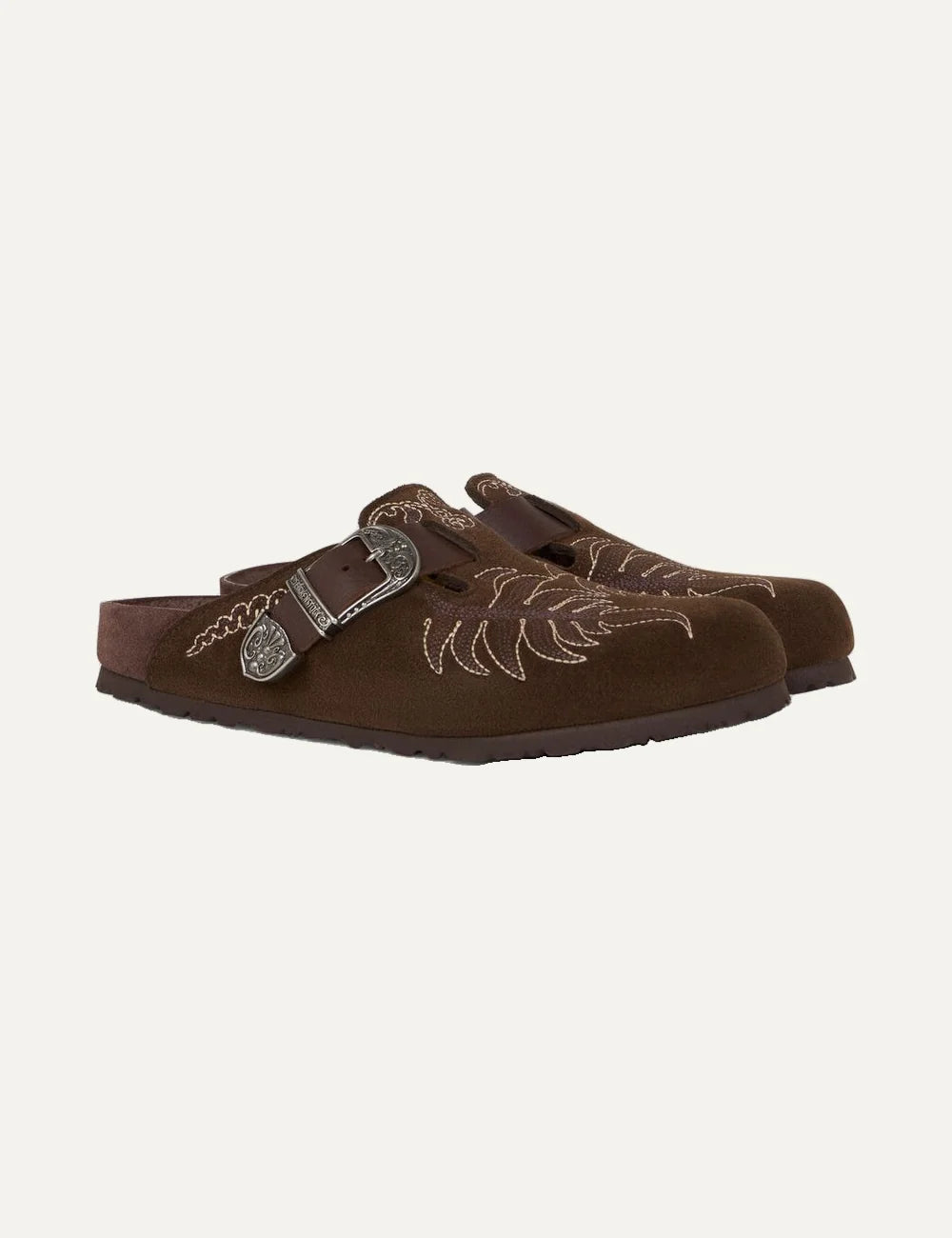 Etro x Birkenstock women's brown suede clogs with embroidery and silver buckle narrow fit pair front angle