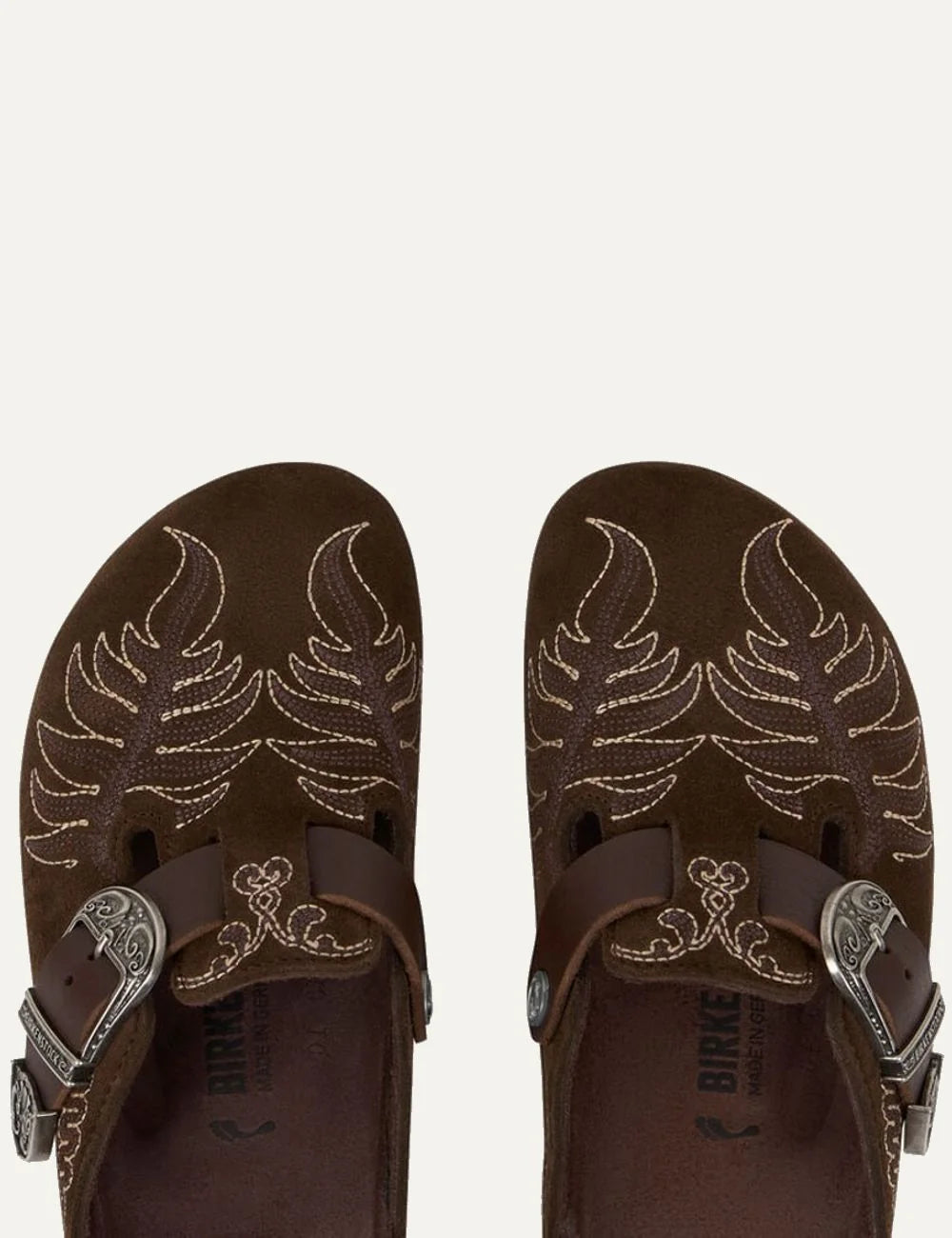Etro x Birkenstock women's brown suede clogs with embroidery and silver buckle narrow fit top view