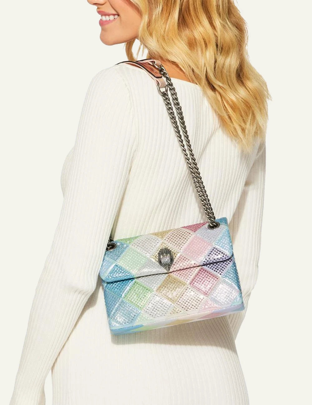 Kurt Geiger Medium Kensington pastel bag worn on shoulder on model