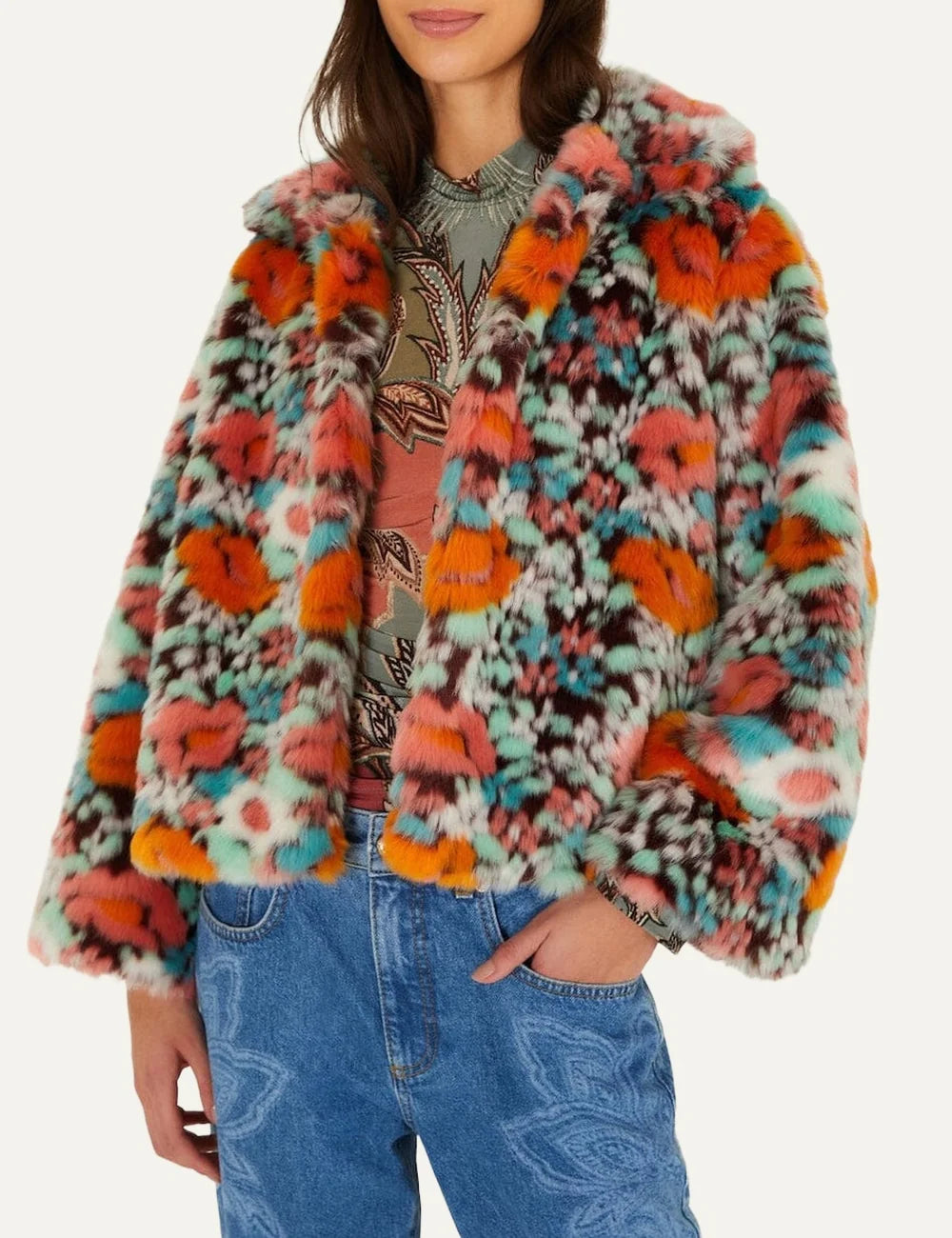 Farm Rio Women’s Multicolour Floral Faux-Fur Cropped Jacket front view