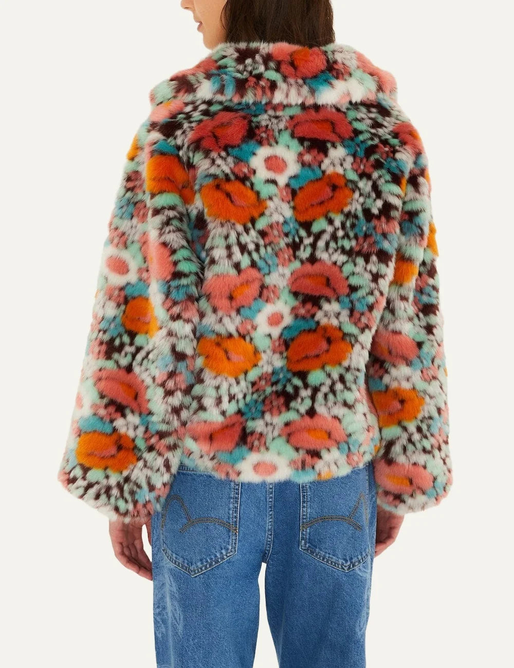 Farm Rio Women’s Multicolour Floral Faux-Fur Cropped Jacket back view