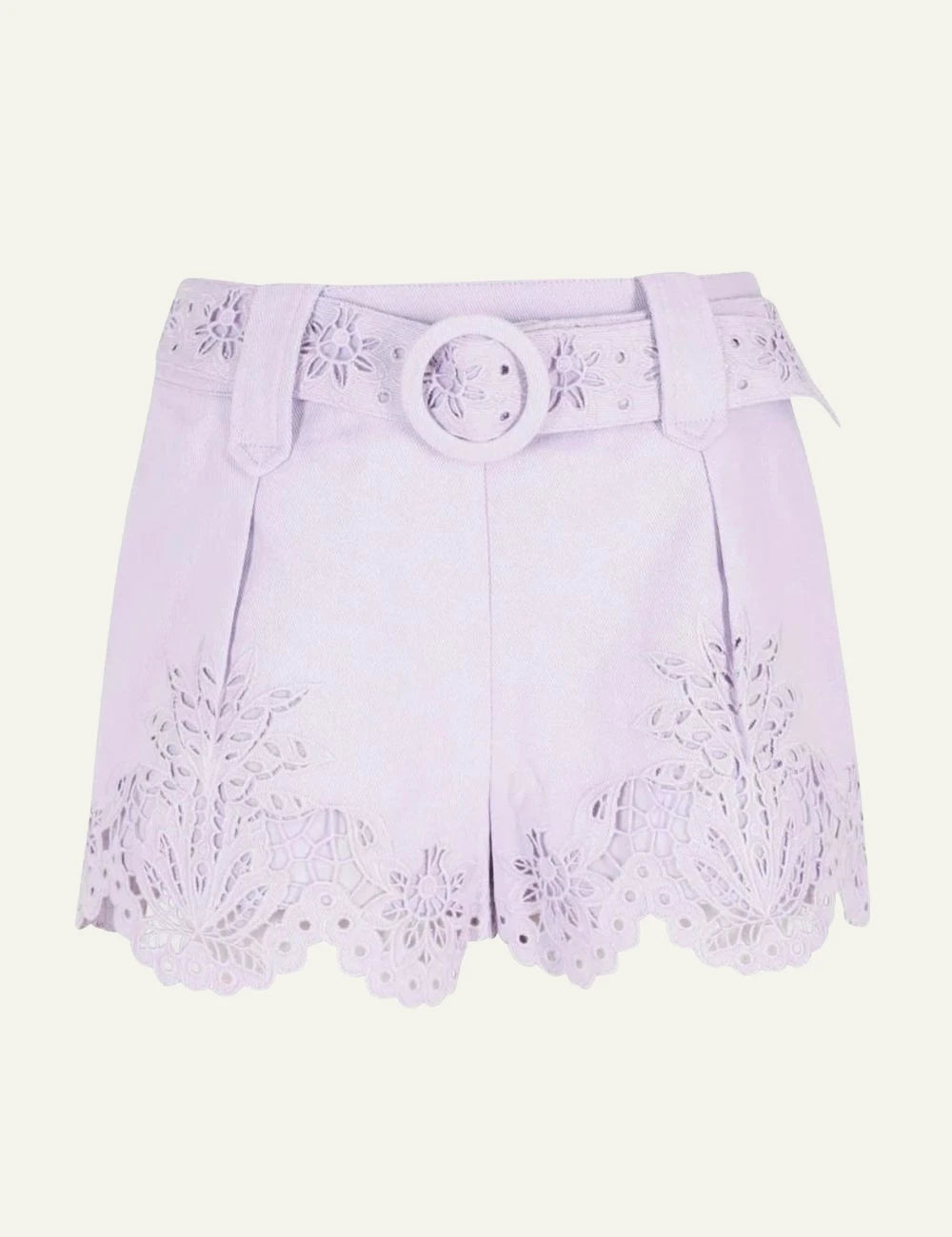 Farm Rio lilac embroidered richelieu shorts with belt front view