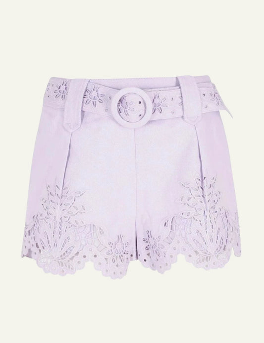 Farm Rio lilac embroidered richelieu shorts with belt front view