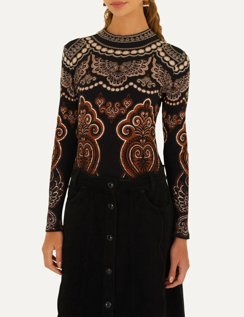  Farm Rio Women’s Black Ornamental-Print Jersey Bodysuit front view on model