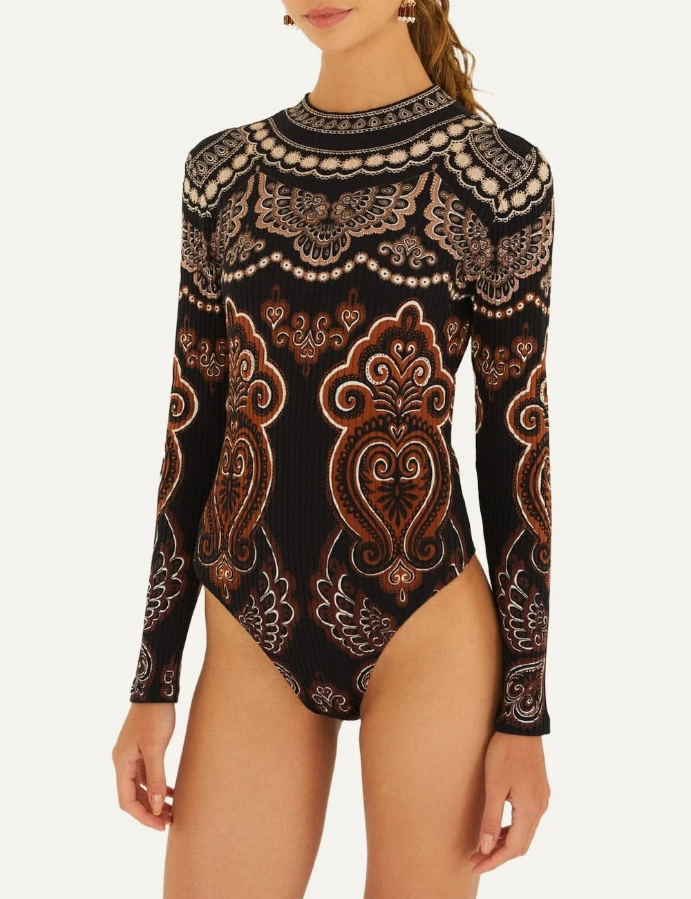 Farm Rio Women’s Black Ornamental-Print Jersey Bodysuit close up details