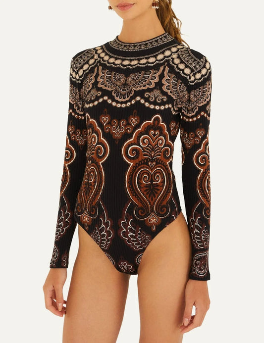  Farm Rio Women’s Black Ornamental-Print Jersey Bodysuit close up details